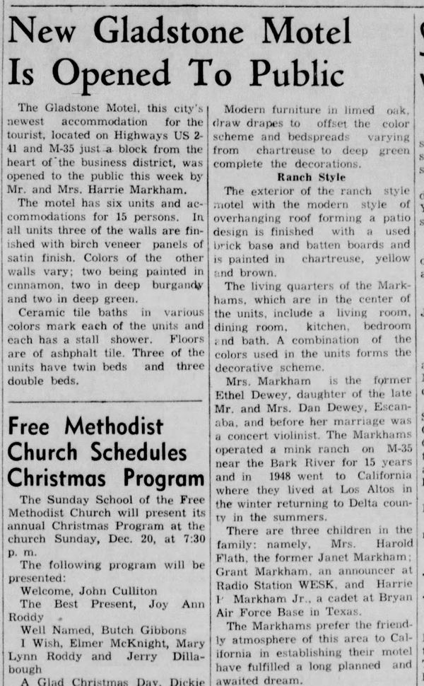 Gladstone Motel - Dec 18 1953 Opening Article